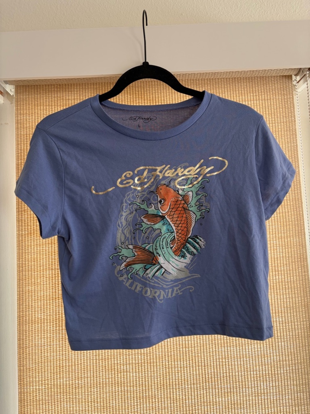 Ed Hardy Blue Crop Tee with Orange Koi and Gold Script